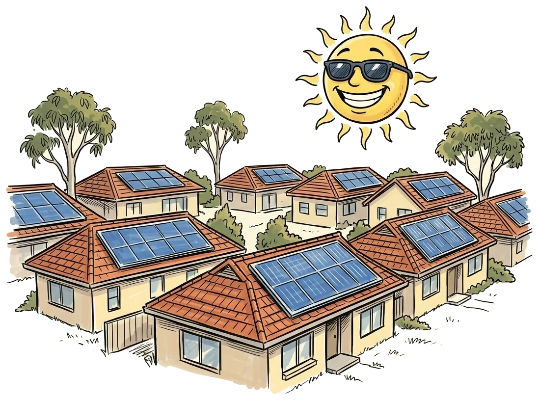 Rows of Australian roofs covered in solar panels under a grinning sun