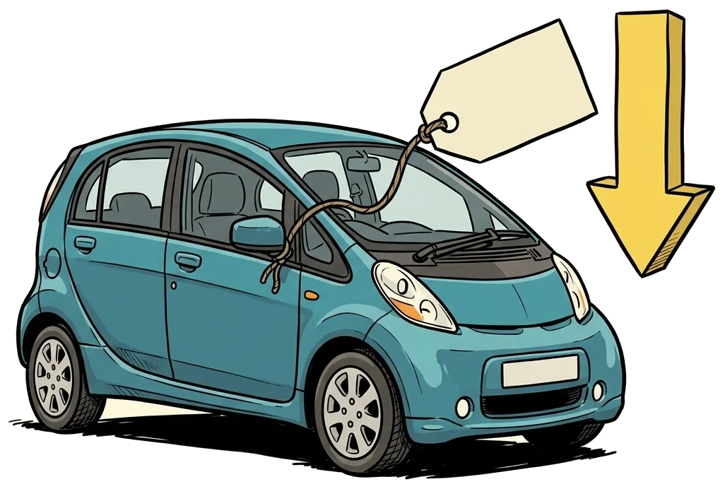 A small electric hatchback with a big price tag and a downward arrow