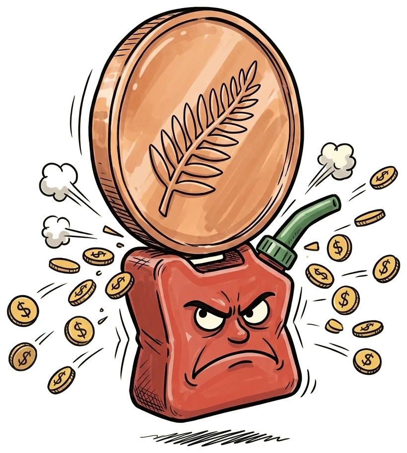 A giant one-cent coin landing on a grumpy red jerrycan