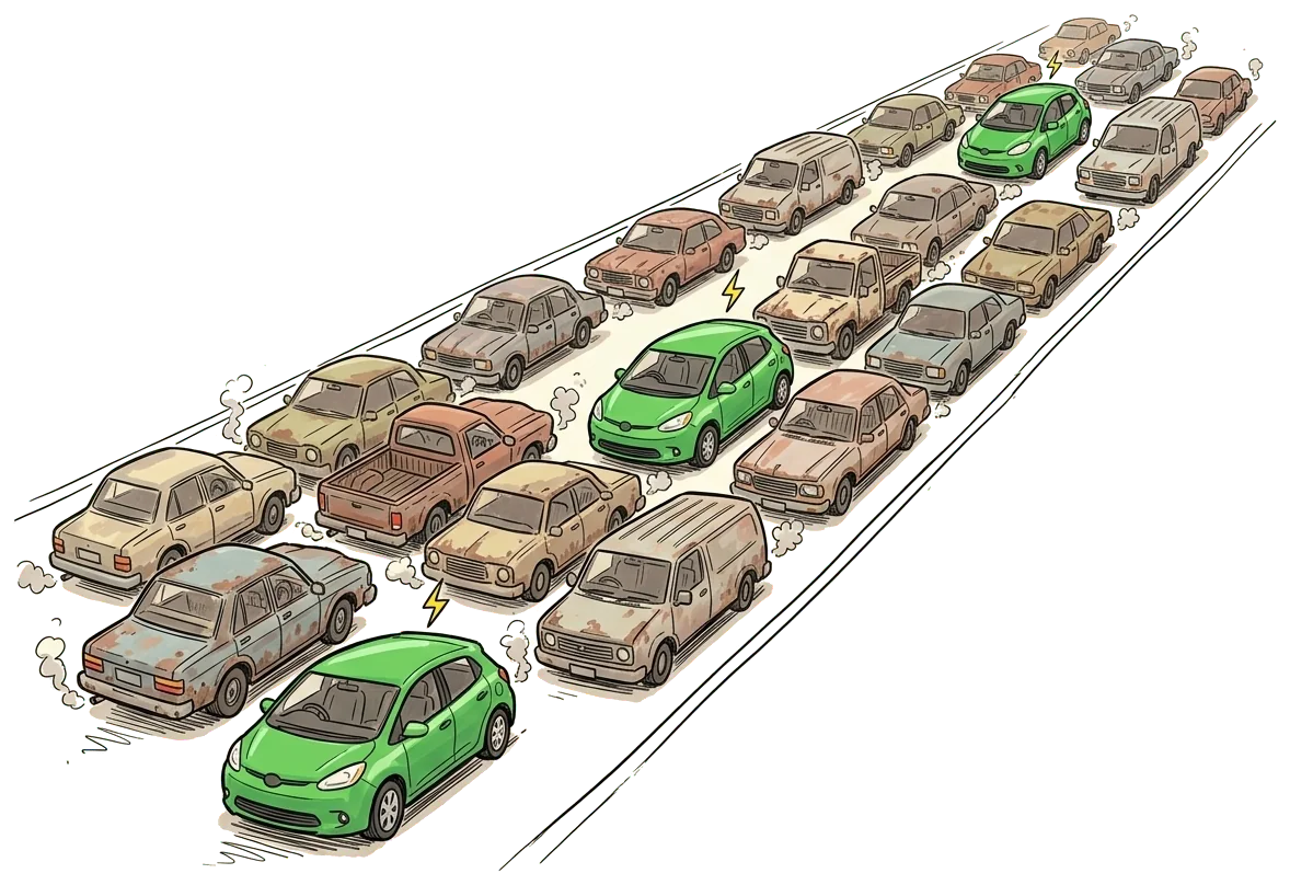 A long road of old petrol cars with only a couple of EVs among them
