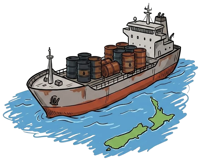 A tanker ship laden with fuel barrels, coins spilling over the side