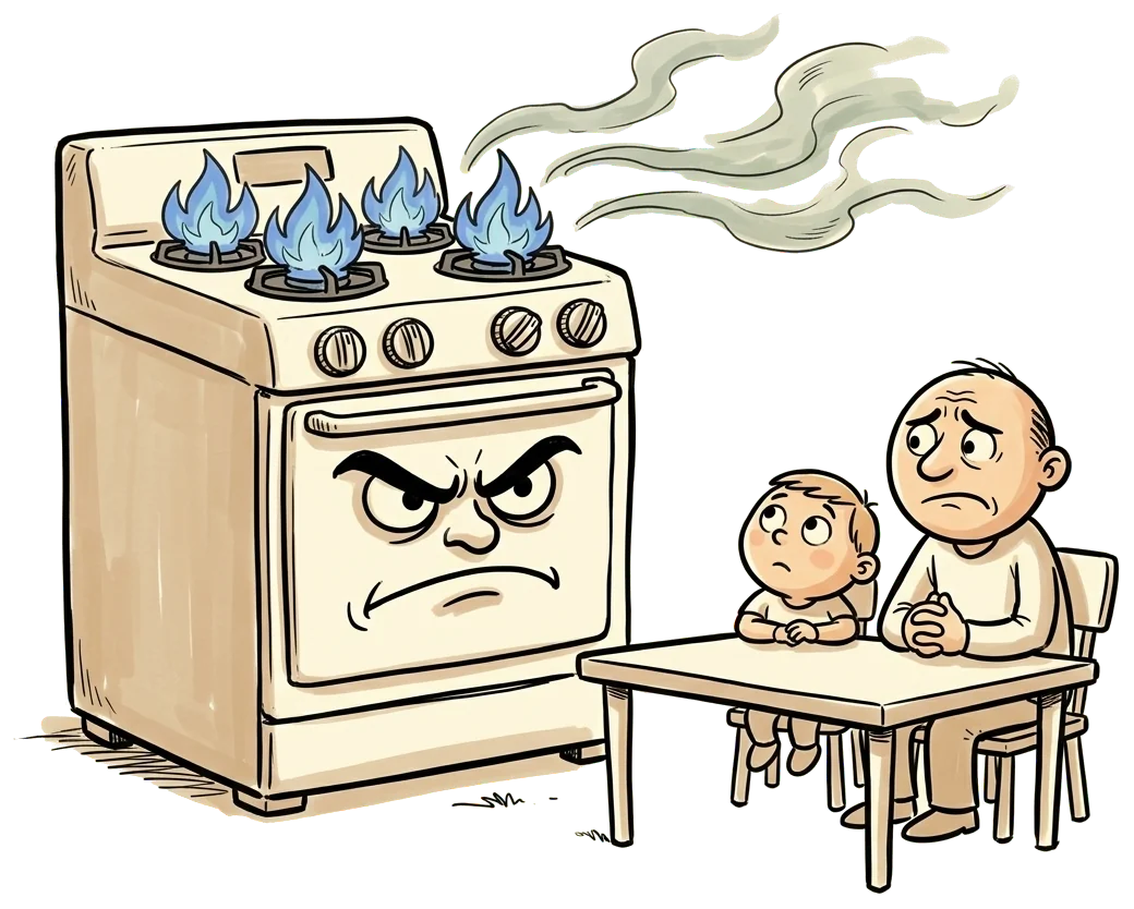 A grumpy gas-stove villain with fumes drifting toward a family kitchen