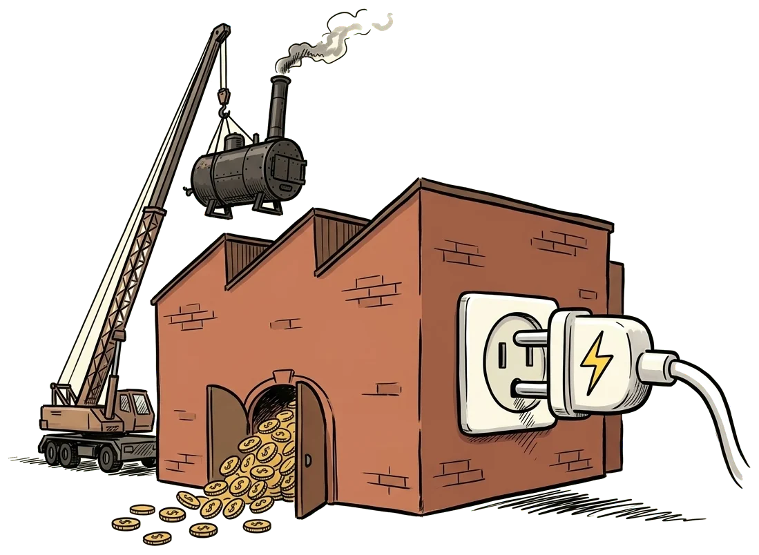 A factory swapping its coal boiler for a giant plug