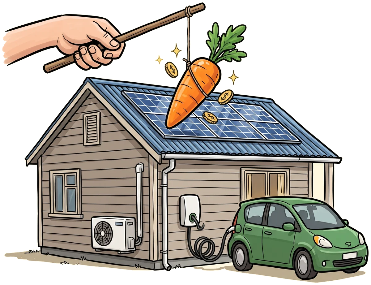 A big friendly hand on a stick dangling a giant carrot over a happy little Kiwi house with rooftop solar and an EV