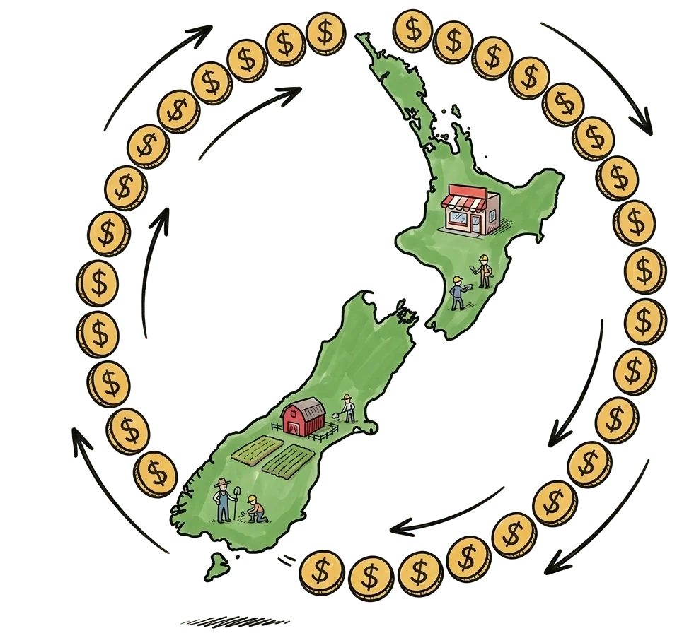 A green map of New Zealand with gold coins looping round it