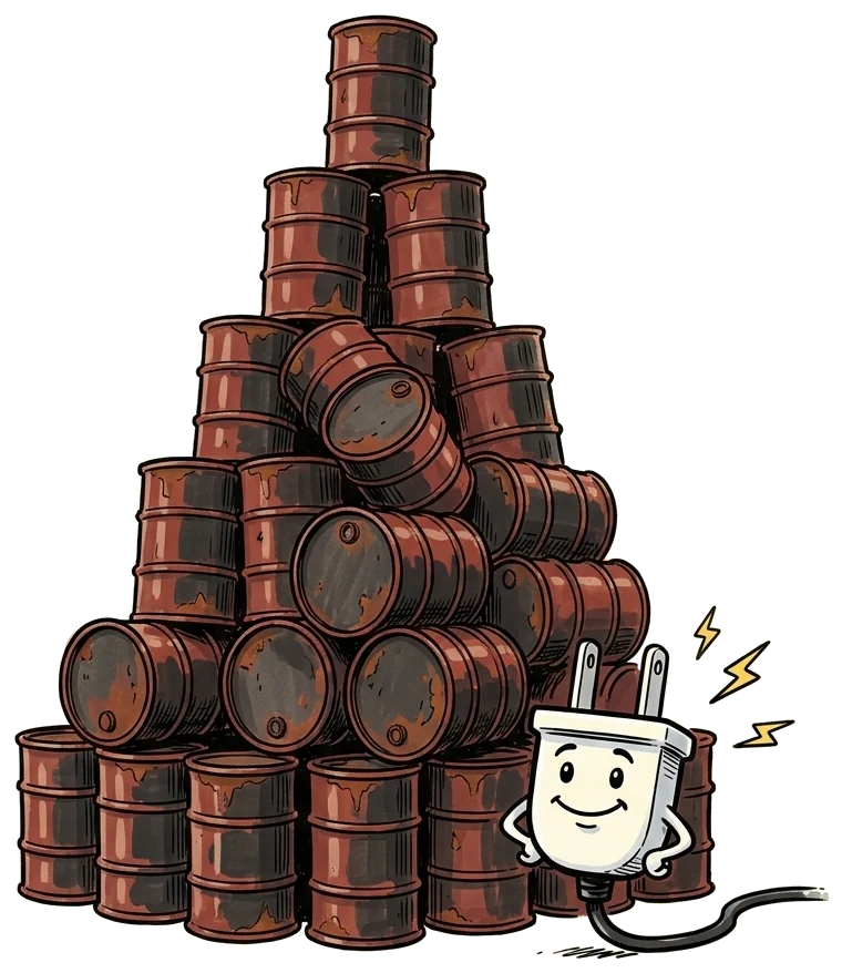 A small friendly plug next to a much bigger stack of imported oil barrels