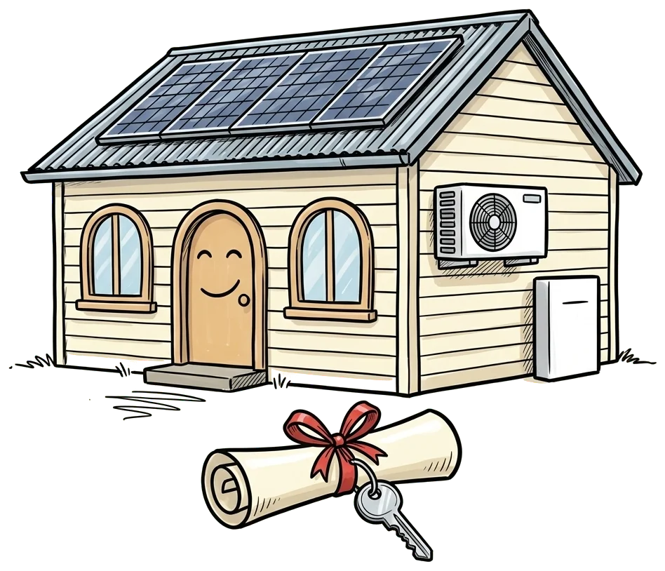 A happy house with solar panels, a heat pump and a wall battery, a loan document tied with a ribbon