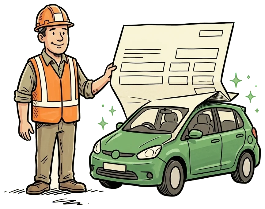 A worker in hi-vis with an EV made out of a payslip