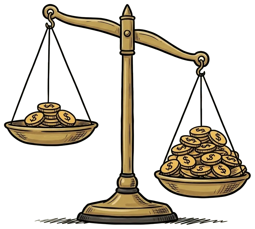 Balance scales tipping toward a big pile of coins