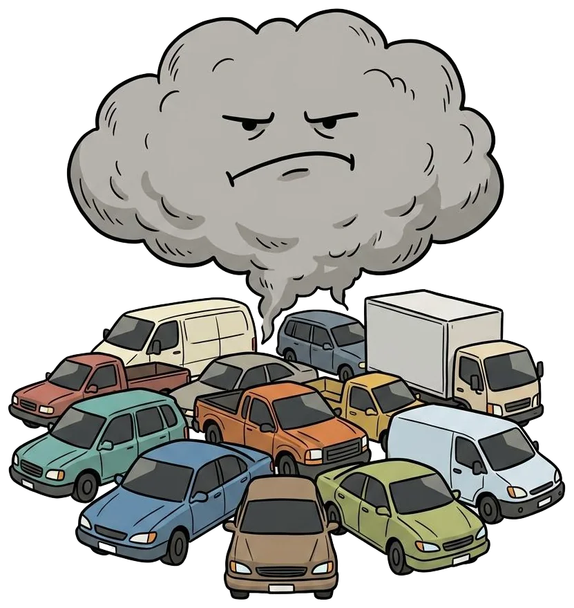 Cars stuck in a grumpy smog cloud with a face